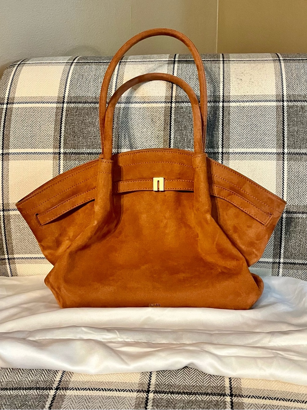 Suede Structured Tote Bag in Cognac Brown